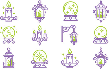 Fototapeta premium Magical occult icons with crystal balls candles and lanterns