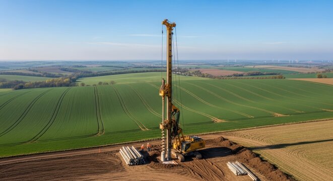 Massive yellow drilling rig operating in a green agricultural field creating a borehole with piles of materials nearby under a clear blue sky.