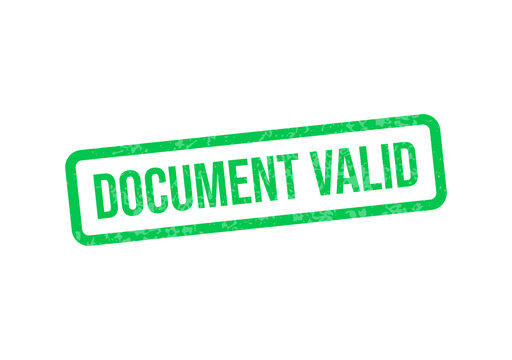 Green document valid stamp seal with white text isolated on transparent background
