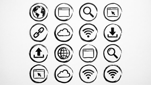 Internet connectivity icons pack with hand drawn black circles for web browsing and cloud storage.