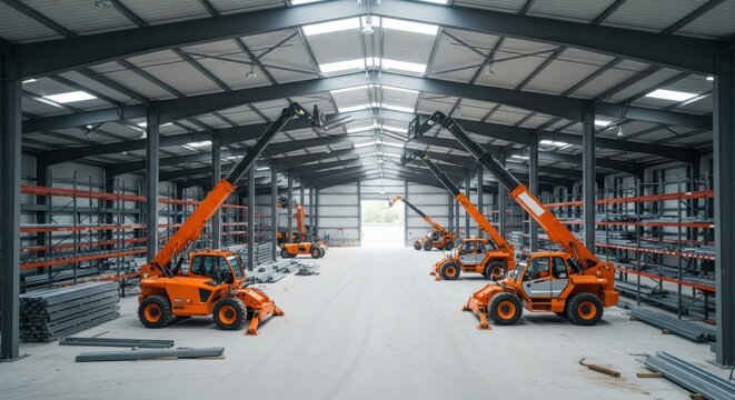 Multiple orange telehandler machines positioned inside a large industrial warehouse with overhead lighting