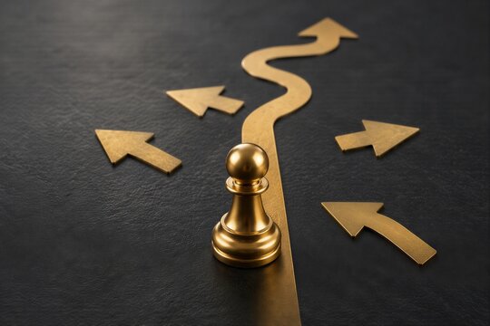 Gold chess pawn on a winding path with multiple arrows, business strategy and decision making concept
