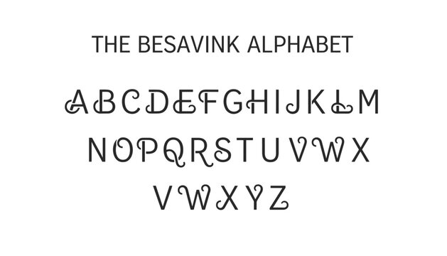 Besavink alphabet display showcasing stylized uppercase serif letters with elegant curves on a plain white background.
