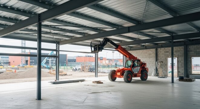 Orange telehandler lifting a steel beam within a large building construction site under a metal roof structure