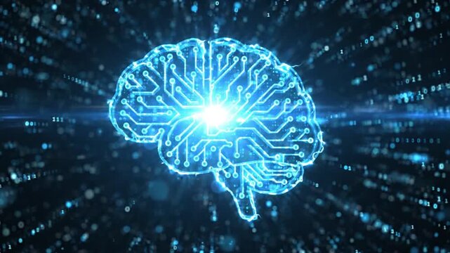 Brain Illustration with Glowing Circuit Lines Against a Dark