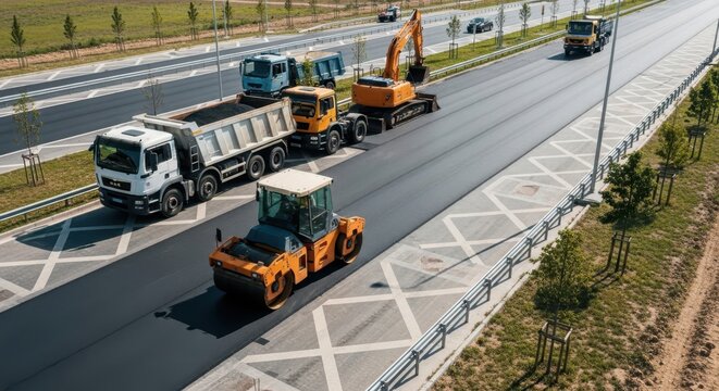 Road Roller Operates On New Asphalt During Construction Work With Trucks And Excavator Nearby