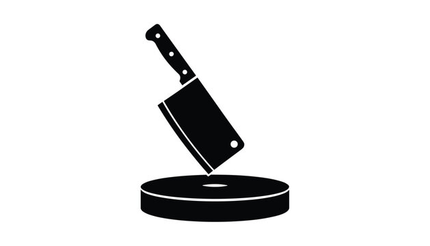 Meat cleaver knife stuck in round wooden chopping block is shown as black stencil silhouette icon on white background.