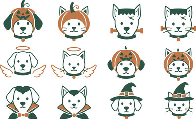 Fototapeta premium Set of cute dog and cat halloween costume icons
