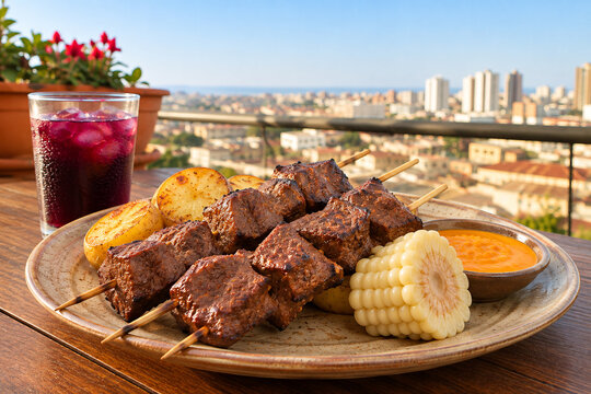 Peruvian Beef Heart Anticuchos with Choclo, Potatoes and Chicha Morada on a Sunny Rooftop Terrace
