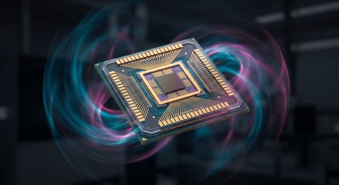 Macro Quantum Processor Chip with Surreal Cyan and Magenta Plasma Field