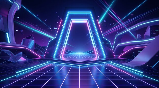 Futuristic neon portal in synthwave style. Cyberpunk digital stage with blue and purple light beams. Virtual reality gaming background.