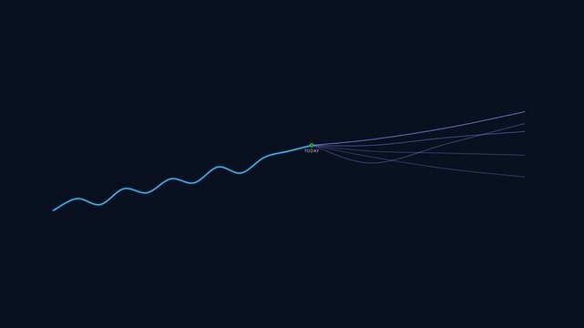A single wavy blue frequency line flows through a small connector and splits into multiple thin signal beams that radiate across the dark navy void to represent complex network data transmission