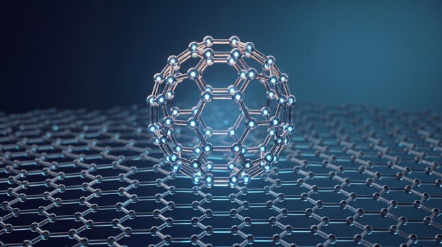 Futuristic glowing carbon fullerene buckyball molecule on hexagonal graphene lattice for advanced nanotechnology, physics, materials science, and scientific research banner design