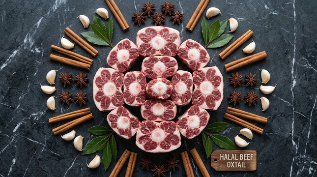 Symmetrical flat lay of raw oxtail pieces arranged with spices on a dark background.