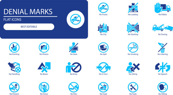 Prohibition symbols icon set. Filled vector symbols of no entry, no smoking, no parking and more for safety and restriction design