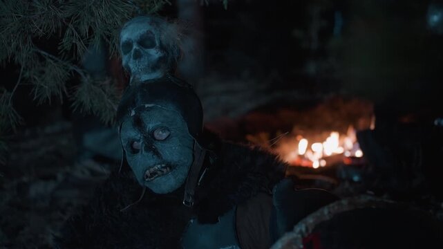 Facepainted performer leans forward under skull prop beside burning campfire in dark forest at night, with orange glow, smoky shadows, tilted head, and intense expression creating eerie dramatic mood