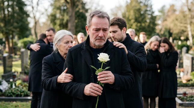 People mourning at a graveside funeral service outdoors