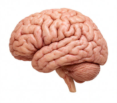 Anatomical 3D model of human brain with cerebellum and brainstem isolated on white background