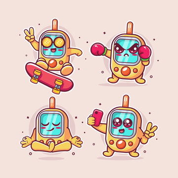Cute glucose meter characters vector illustration set featuring skateboarding kickflip, boxing sport, yoga meditation, and taking a selfie.