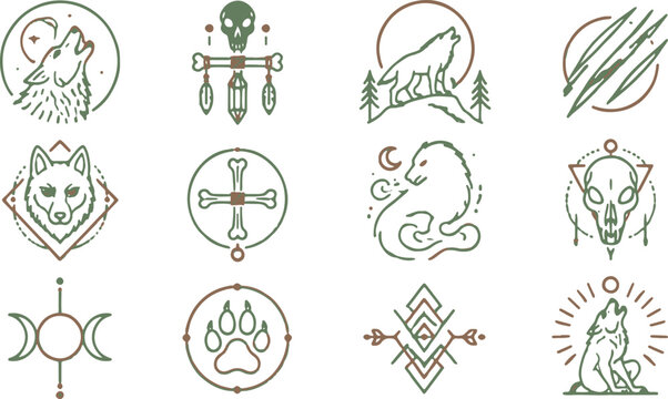 Set of tribal wolf and skull line art vector icons