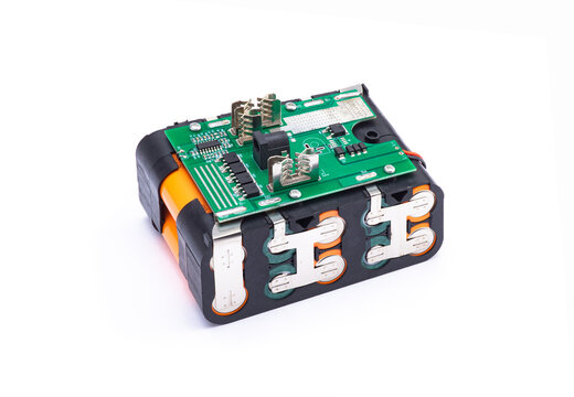 Packed lithium ion battery with bms isolated on white background
