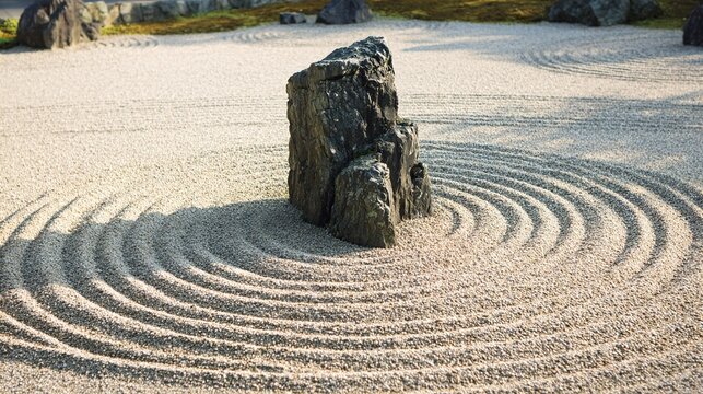 raked. Japanese dry rock garden with a central stone and raked gravel circles. event programs, museum guides, designed for cultural heritage projects and event programs, elevates cultural identity.
