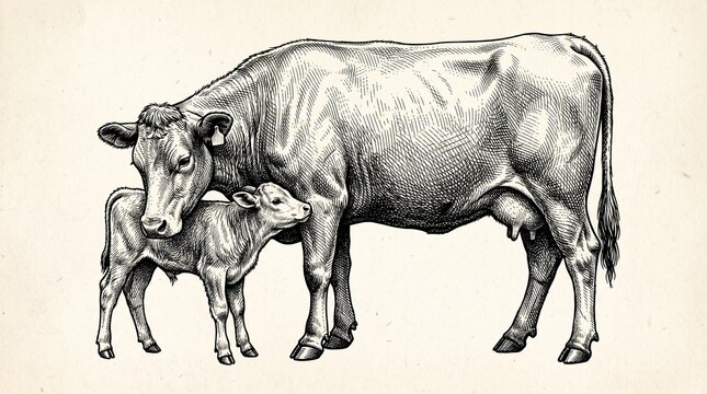 Mother cow and calf black and white illustration 1.