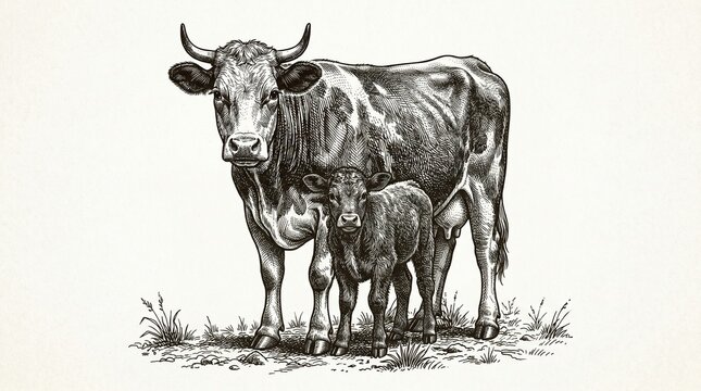 Mother cow and calf in detailed pencil sketch.