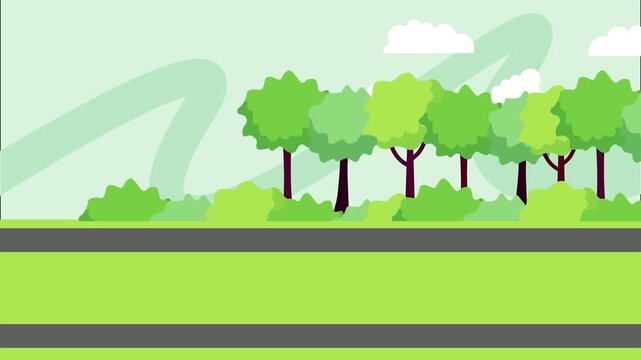 Animated scene of trees and clouds moving across a landscape with a road and green hills.