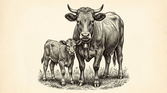 Mother cow and calf in vintage illustration style.