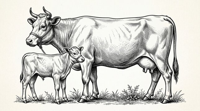 Mother cow and calf standing in grassy field illustration.
