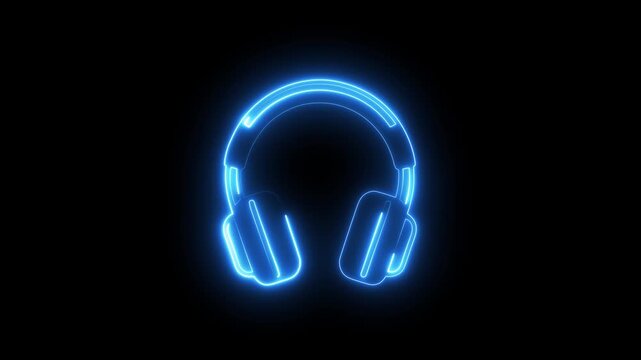 Glowing blue neon headphones icons animation isolated on black background for music and technology concepts