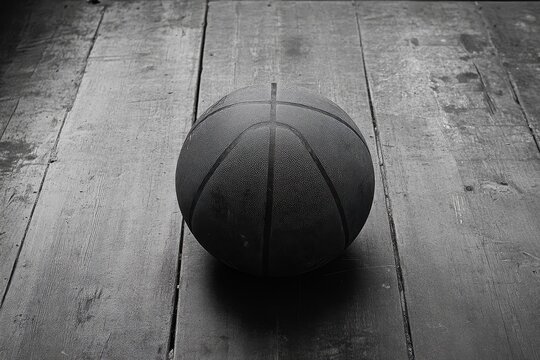 A single basketball rests on a textured wooden court floor.