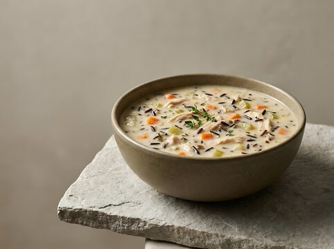 A creamy bowl of homemade chicken wild rice soup garnished with fresh thyme, served on a textured stone surface