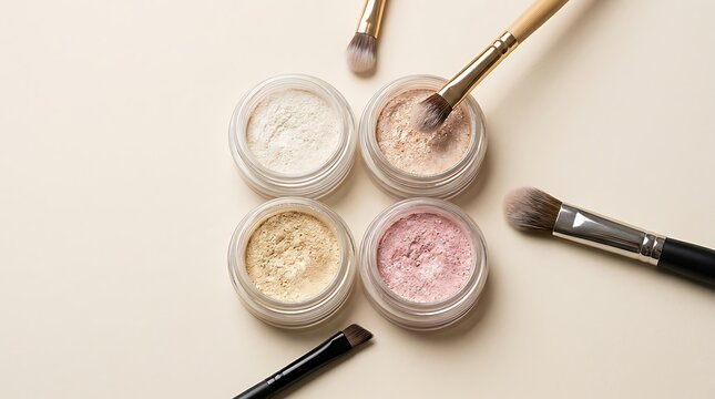 Colorful cream eyeshadow pots and makeup brushes for a professional beauty routine on a smooth surface. shimmer eyeshadow tips