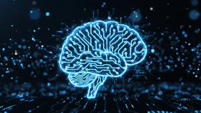Brain Circuit Diagram with Glowing Blue Lines and Digital Particles