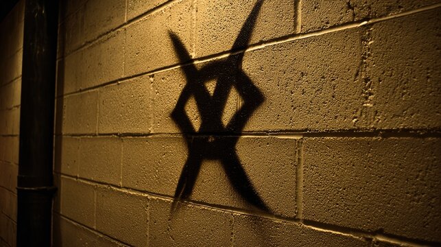 pantheism. A pristine emblem crossed out with a harsh black X on a textured wall. event programs, museum guides, designed for cultural heritage projects and event programs, preserves heritage.