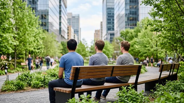 Three young men sitting on wooden bench in urban park surrounded by green trees and modern skyscrapers, back view of friends relaxing outdoors in city environment