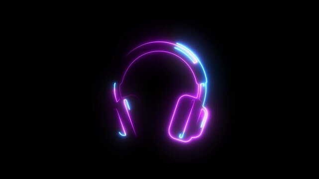 Glowing neon headphones icons animation with vibrant blue and purple light lines on black background