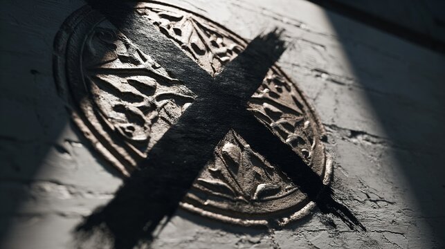 pantheism. A pristine emblem crossed out with a harsh black X on a textured wall. event programs, museum guides, designed for cultural heritage projects and event programs, preserves heritage.