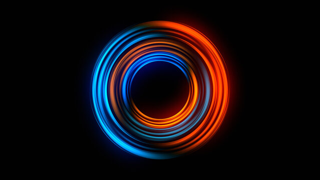 Abstract glowing blue and orange concentric circles light vortex on black background