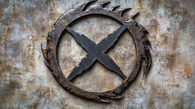 pantheism. A pristine emblem crossed out with a harsh black X on a textured wall. event programs, museum guides, designed for cultural heritage projects and event programs, preserves heritage.