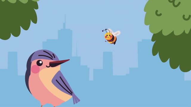 Cartoon bird and bee animation with urban city skyline background and green trees in foreground.