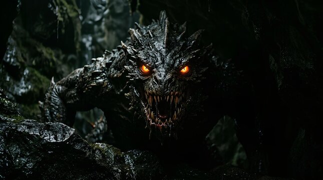 Ferocious reptilian monster with glowing orange eyes.