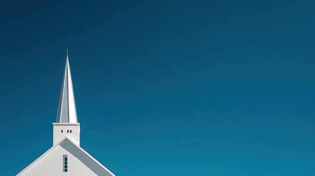 spire. A simple white church spire against a clear blue sky in minimalist composition. event programs, museum guides, designed for cultural heritage projects and event programs, preserves heritage.