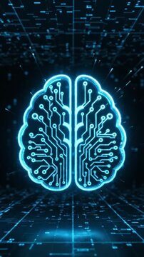 Glowing neural circuit brain glowing with dynamic information light rays.