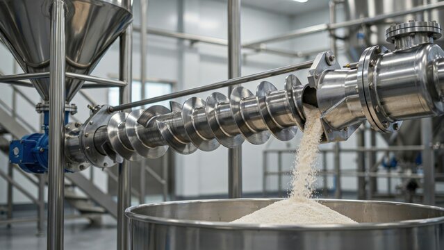 A stainless steel screw feeder dispenses white powder into a metal vat in an automated plant. Concept for industrial food processing and material handling.