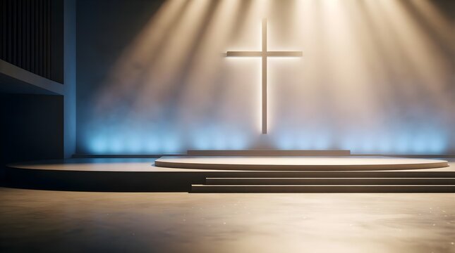 christian worship stage with glowing cross, soft blue light and dramatic rays