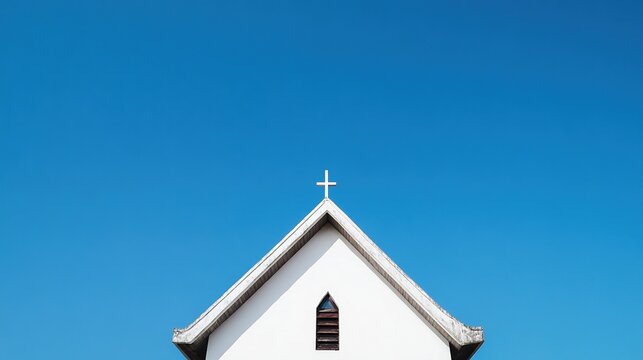 spire. A simple white church spire against a clear blue sky in minimalist composition. event programs, museum guides, designed for cultural heritage projects and event programs, preserves heritage.