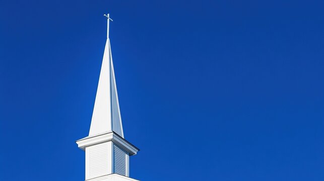 spire. A simple white church spire against a clear blue sky in minimalist composition. event programs, museum guides, designed for cultural heritage projects and event programs, preserves heritage.